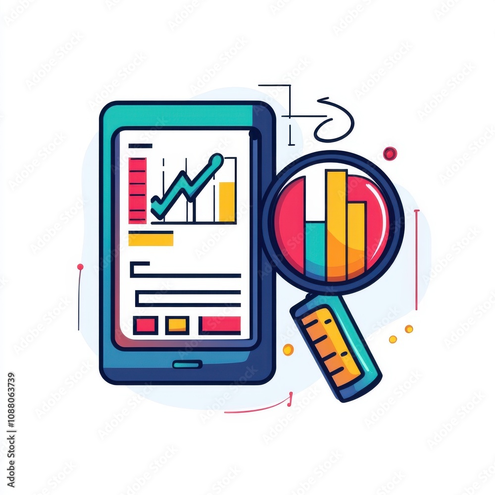 Obraz premium Colorful digital analysis concept featuring a smartphone with graph visuals and a magnifying glass.