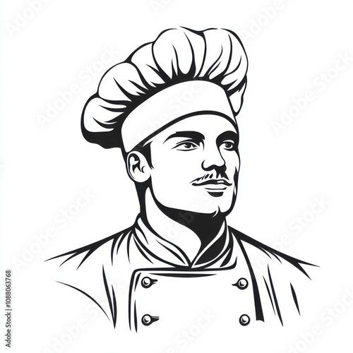 Black and white illustration of a confident male chef with a classic toques, embodying culinary expertise.