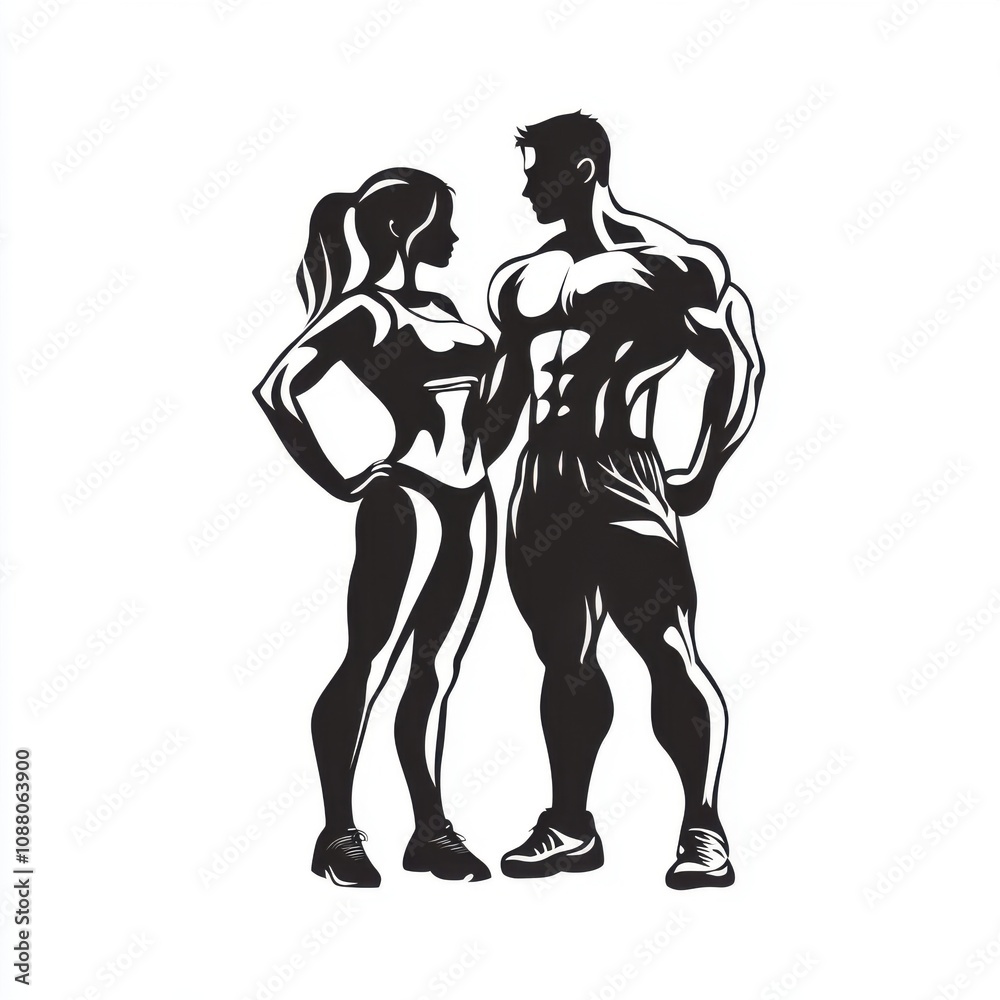 Fototapeta premium A muscular man and woman stand confidently facing each other, embodying strength and fitness in a powerful silhouette.