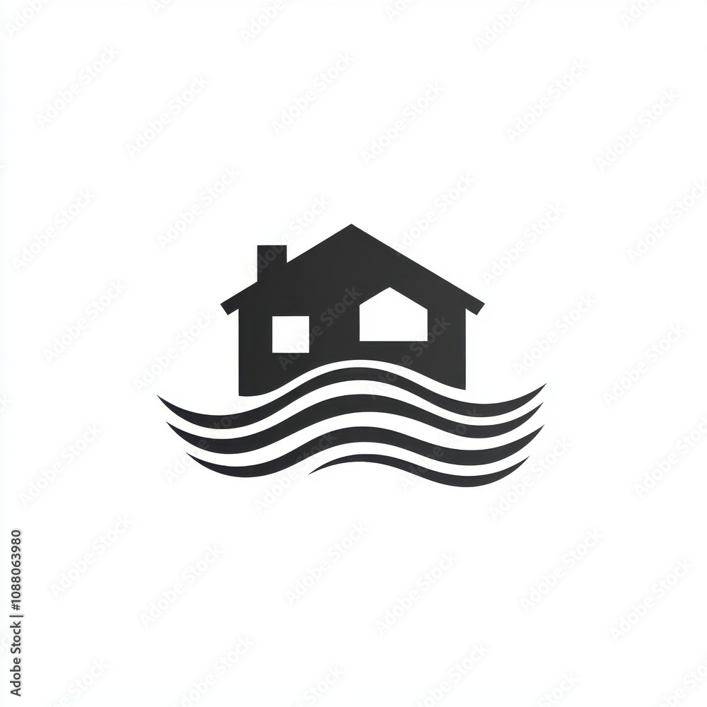 Fototapeta premium A minimalist black house icon surrounded by stylized waves, symbolizing flooding or water-related hazards.
