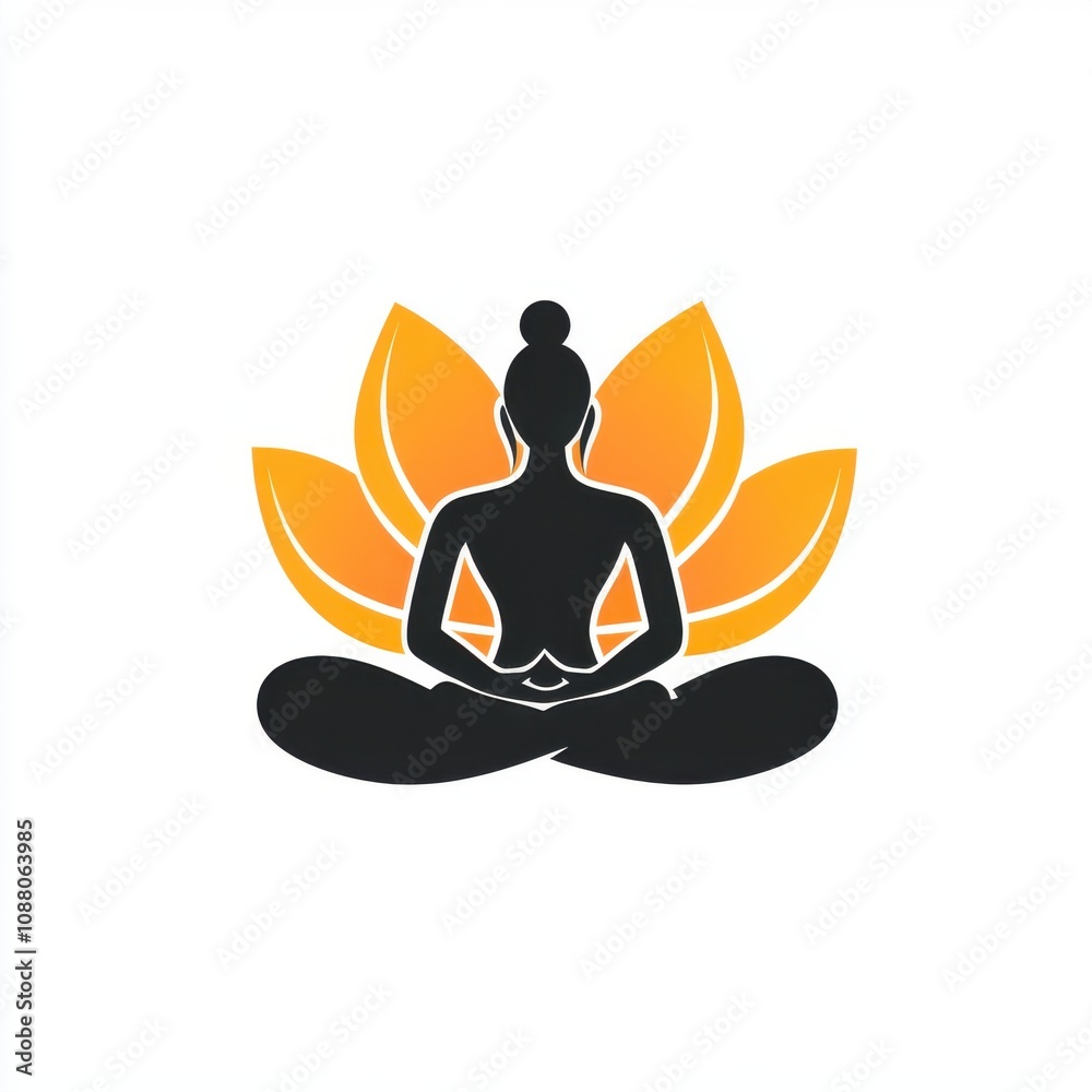 A serene silhouette of a person meditating against a radiant orange lotus flower backdrop. A serene silhouette of a person meditating against a radiant orange lotus flower backdrop.