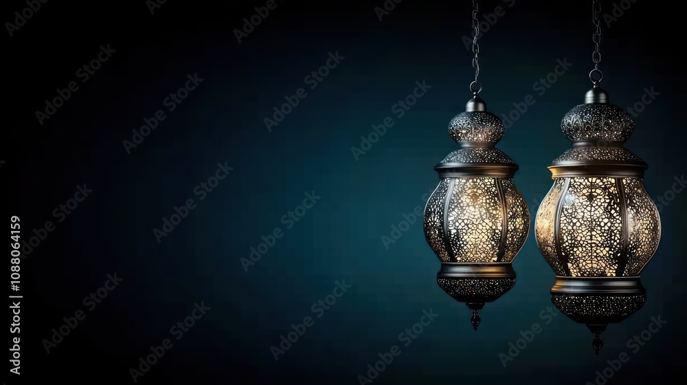 Two intricately designed lanterns glowing against a dark background.