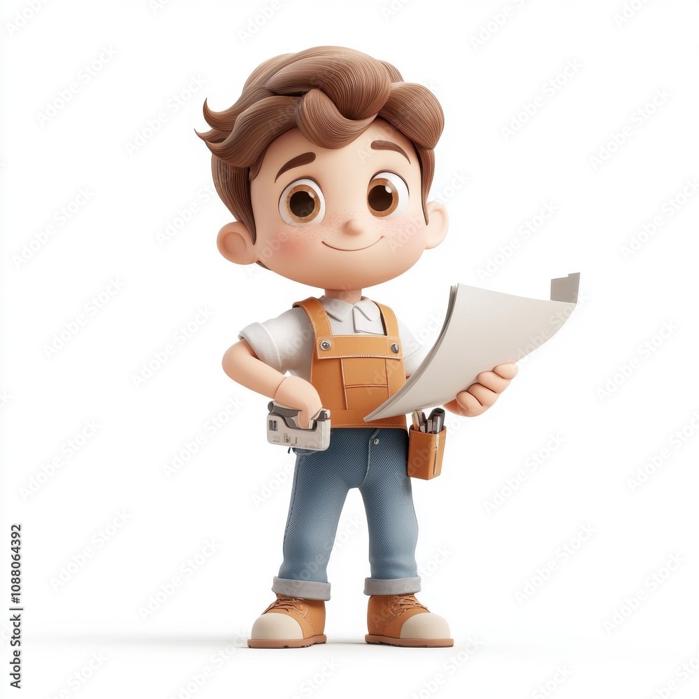 A cheerful young boy character with brown hair, wearing an orange apron and holding blueprints. A cheerful young boy character with brown hair, wearing an orange apron and holding blueprints.