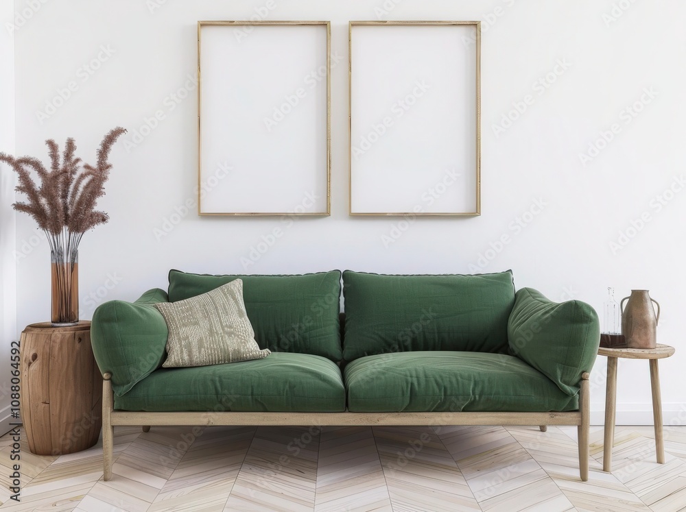 Modern living room interior with a green sofa, two empty frames, a wooden table, and a plant in a vase Modern living room interior with a green sofa, two empty frames, a wooden table, and a plant in a vase