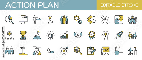 Action plan line color icon set. Containing business, planning, schedule, strategy, analysis, tasks and goal. Editable stroke