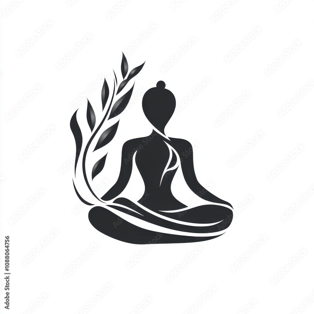 Stylized silhouette of a female figure in meditation, surrounded by flowing leaves, symbolizing tranquility and nature.