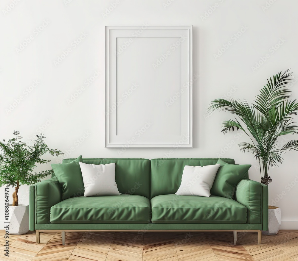 A minimalist living room with a green sofa, two plants, and a black frame mockup A minimalist living room with a green sofa, two plants, and a black frame mockup