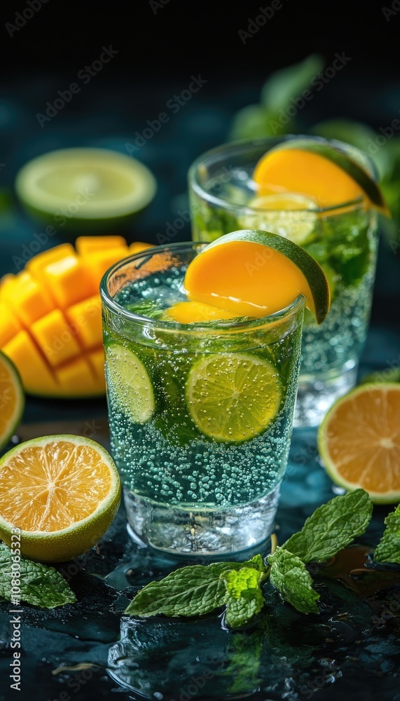 Fototapeta premium Refreshing summer drink with lime and mango. Perfect for showcasing summer cocktails, beverages, or fresh fruit.