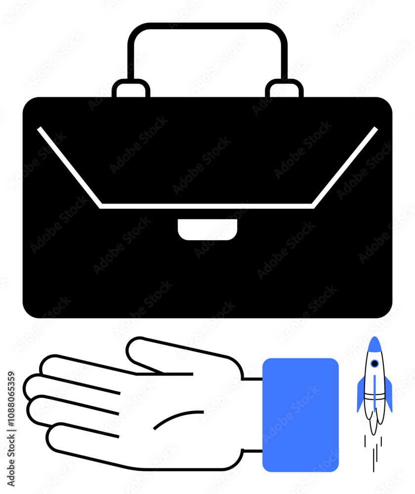 Black briefcase, outstretched hand, blue sleeve, and a small rocket icon. Ideal for business, growth, investment, career ambition startup innovation. Line metaphor Black briefcase, outstretched hand, blue sleeve, and a small rocket icon. Ideal for business, growth, investment, career ambition startup innovation. Line metaphor