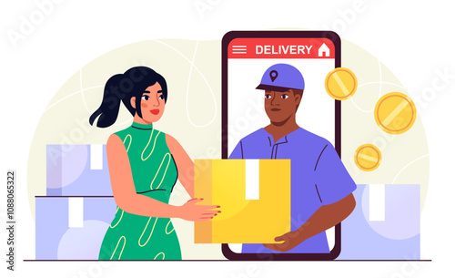 Woman with online delivery. Young girl receives box from smartphone. Online shopping and electronic commerce. Courier and client. Flat vector illustration