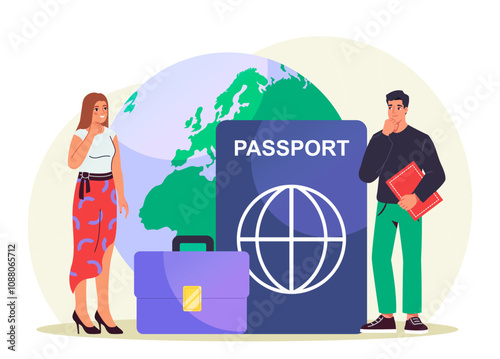 Diplomat with passport. Man and woman near briefcase and foreign passport. International visa for politicians. Travel and tourism. Flat vector illustration
