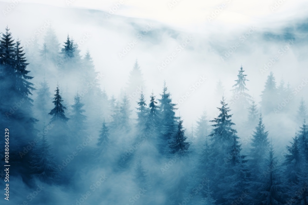 Misty Forest, Moody Coniferous Woods Shrouded in Blue Fog, Atmospheric Nature Background Misty Forest, Moody Coniferous Woods Shrouded in Blue Fog, Atmospheric Nature Background