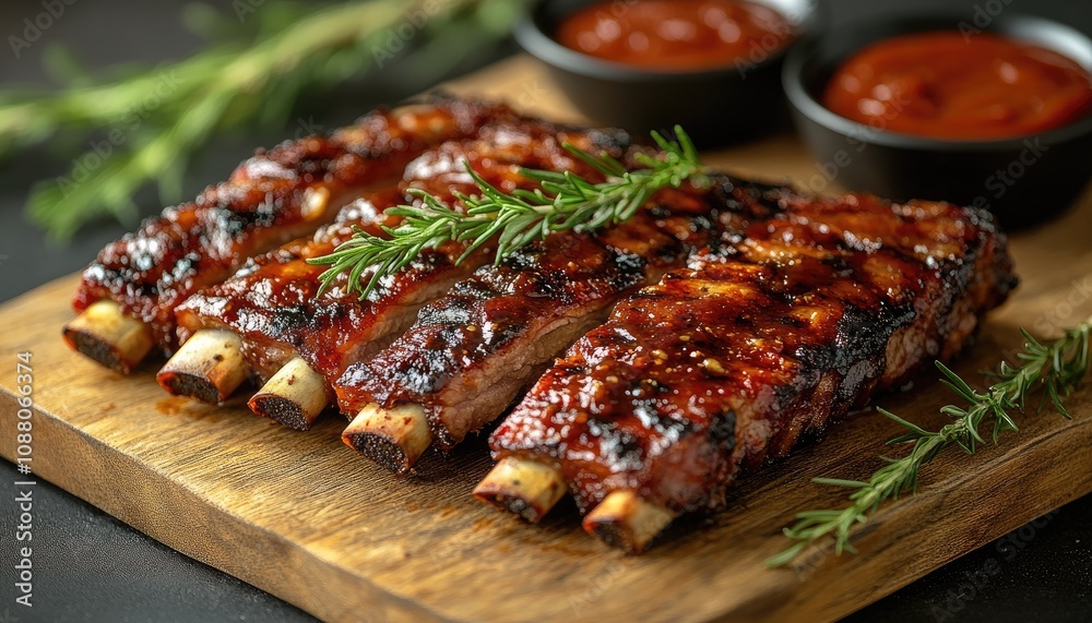 Grilled pork ribs with rosemary. A delicious image for a restaurant menu or blog post about barbecue. Grilled pork ribs with rosemary. A delicious image for a restaurant menu or blog post about barbecue.