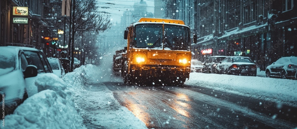 Snow-Covered City Street with Yellow Truck Snow-Covered City Street with Yellow Truck