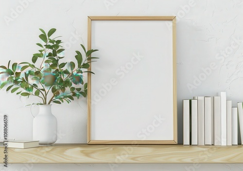 A blank picture frame with a vase of greenery and books on a white shelf against a white wall with sunlight and shadows