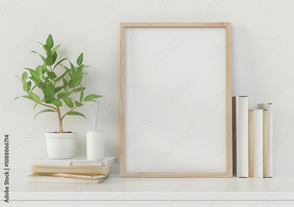 A blank wooden frame with a plant and books on a shelf A blank wooden frame with a plant and books on a shelf
