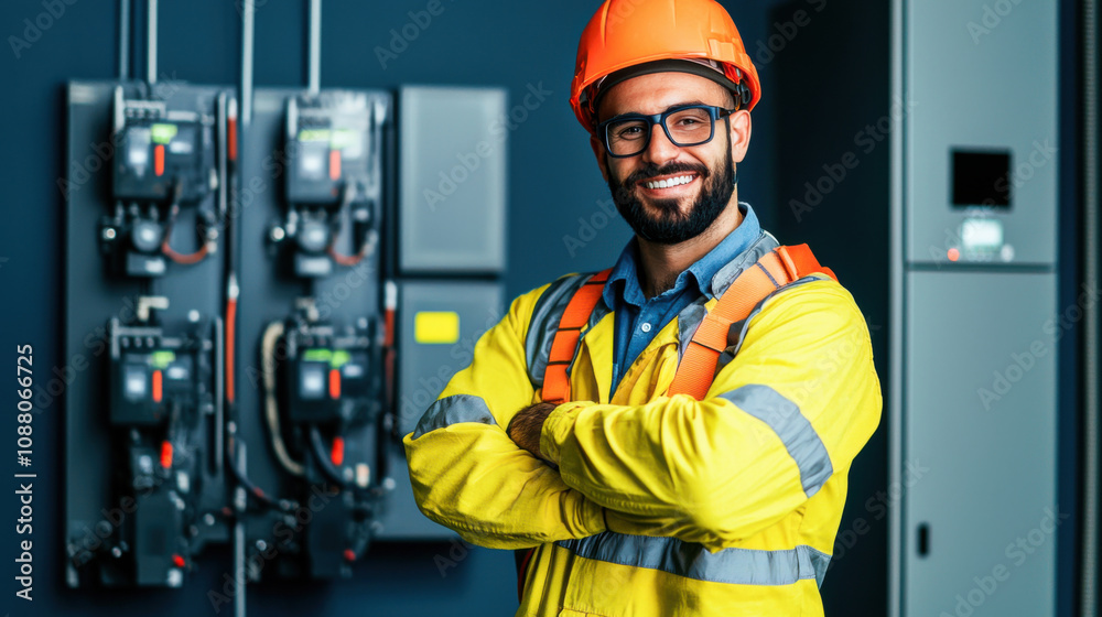 confident electrical engineer in safety helmet and yellow jacket stands proudly in front of electrical panels, showcasing expertise and professionalism confident electrical engineer in safety helmet and yellow jacket stands proudly in front of electrical panels, showcasing expertise and professionalism