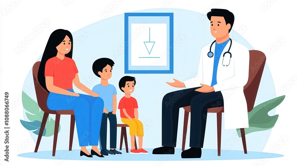 Obraz premium A doctor explains health information to a mother and her two children in a friendly, colorful medical setting.