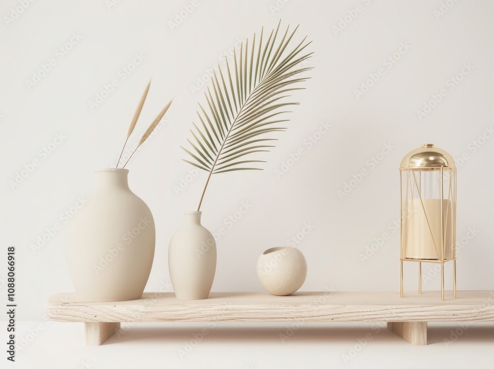 Minimalist interior design with a wooden shelf, three vases, a golden lantern, and a green plant Minimalist interior design with a wooden shelf, three vases, a golden lantern, and a green plant