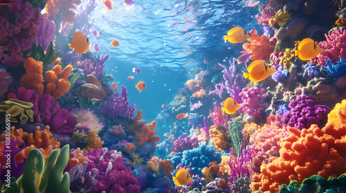 Fototapeta Naklejka Na Ścianę i Meble -  Cartoon scene with fishes in the beautiful underwater kingdom coral reef, showcasing vibrant colors and diverse marine life in a whimsical setting. Underwater Coral Kingdom. Illustration