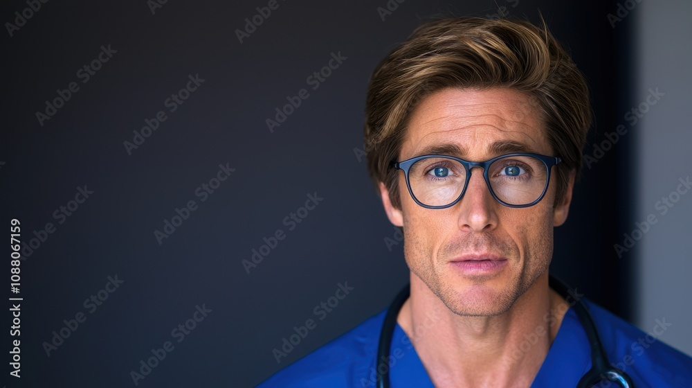 A focused male doctor wearing blue scrubs and glasses, looking intently at the camera, conveying professionalism and care.