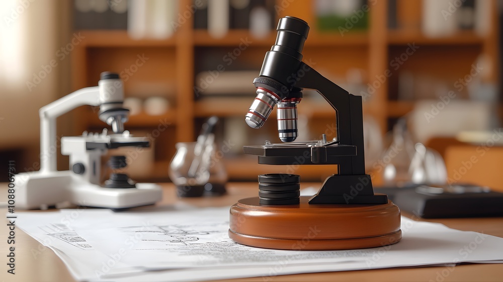 A laboratory setting featuring a microscope on a desk with research papers. A laboratory setting featuring a microscope on a desk with research papers.
