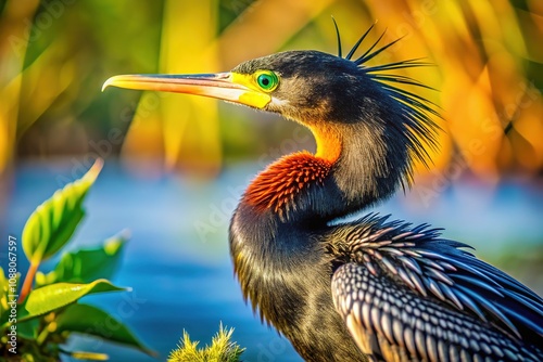 Sun-drenched wetland; anhinga portrait, wildlife photography. photo