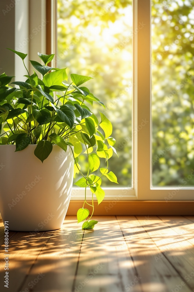 Fototapeta premium Lush Green Potted Plant in Sunlit Interior Near Window