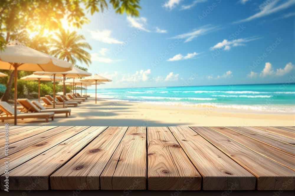 Serene Tropical Beach View with Wooden Table Foreground Serene Tropical Beach View with Wooden Table Foreground