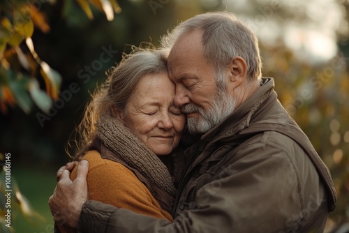 Elderly couple embraces in a warm garden during autumn morning light, conveying love and tranquility while dressed in casual attire