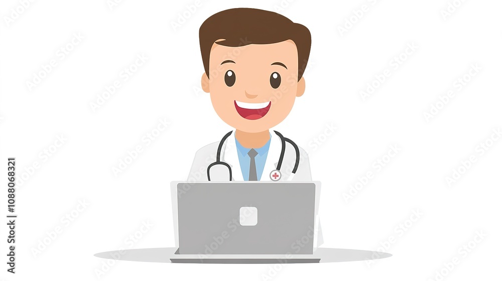 Happy white coat therapist consulting via laptop, showcasing telehealth services and virtual therapy for modern healthcare solutions. Happy white coat therapist consulting via laptop, showcasing telehealth services and virtual therapy for modern healthcare solutions.