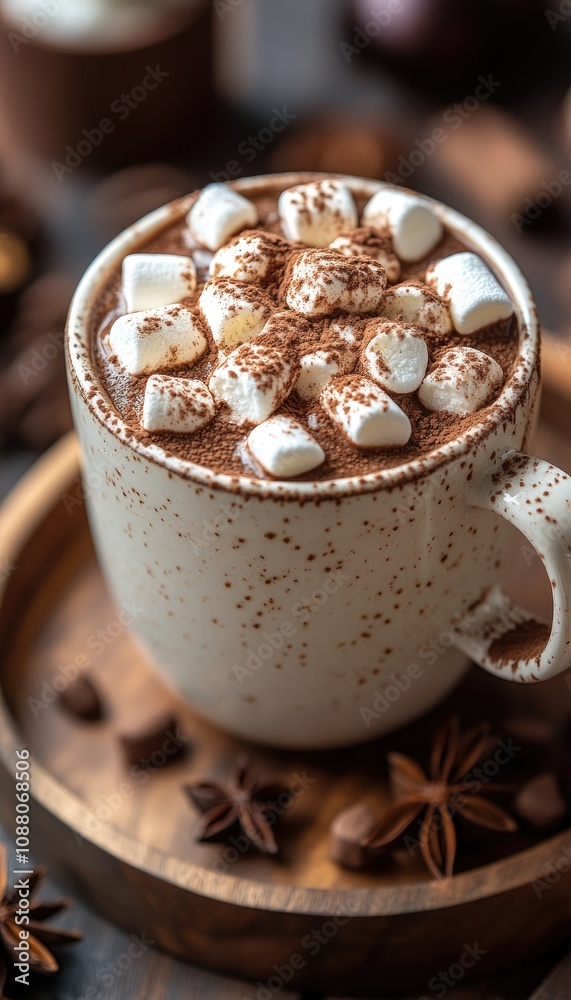 A mug of hot chocolate with marshmallows and cocoa powder. Perfect for showcasing winter warmth and comfort. A mug of hot chocolate with marshmallows and cocoa powder. Perfect for showcasing winter warmth and comfort.
