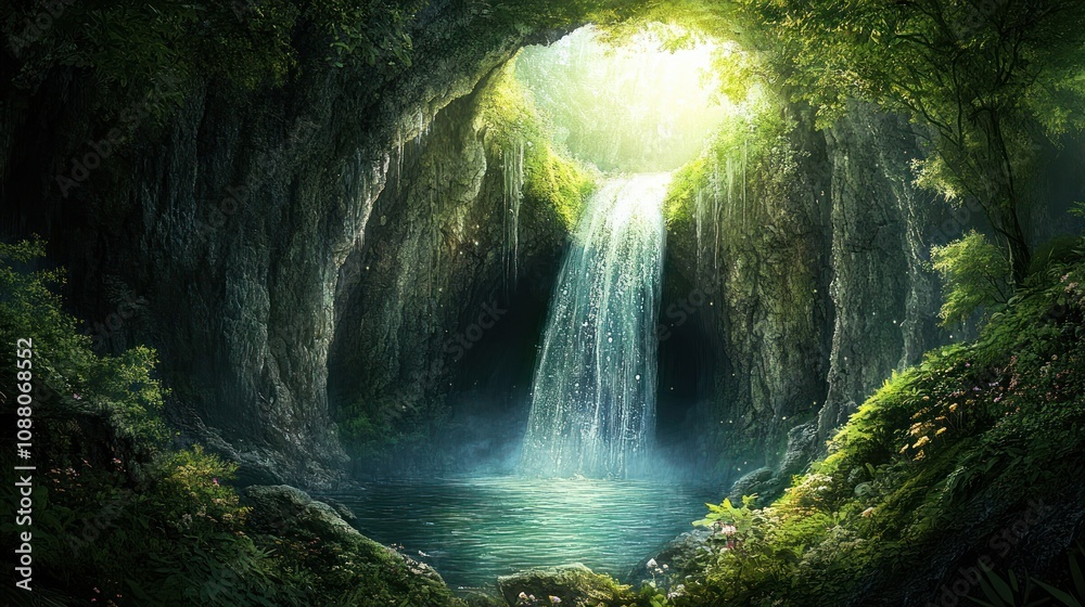 Enchanting Waterfall in a Lush Forest