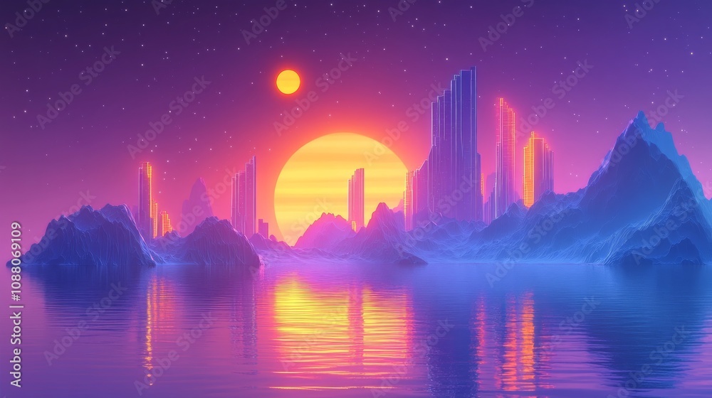 Futuristic city skyline at sunset reflected in calm water, vibrant neon colors, otherworldly landscape. Futuristic city skyline at sunset reflected in calm water, vibrant neon colors, otherworldly landscape.