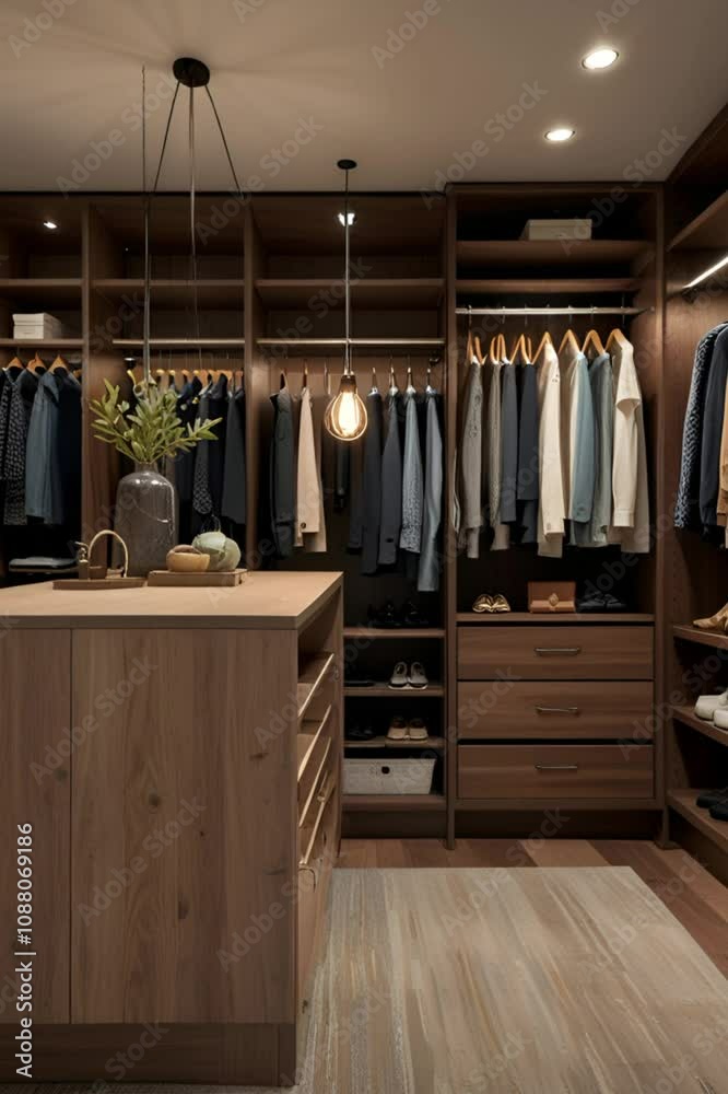 A sleek, organized walk-in closet with wooden shelves, neatly hung clothes, and soft lighting