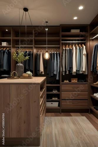 A sleek, organized walk-in closet with wooden shelves, neatly hung clothes, and soft lighting