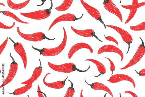 Vibrant red chili peppers in a seamless pattern on a clean white background showcasing a spicy and lively design photo