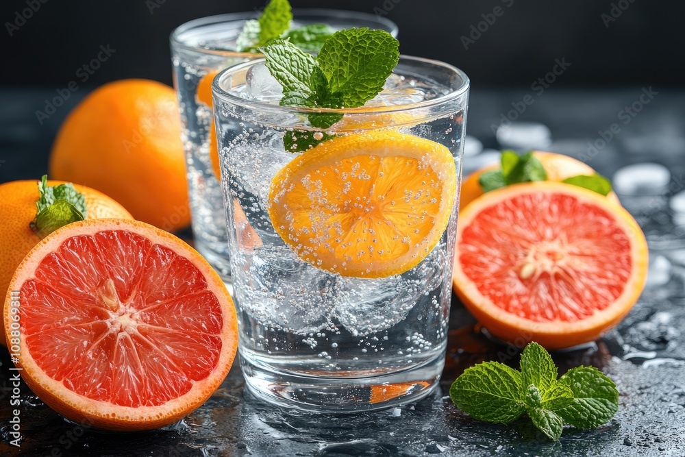 Refreshing summer drink with citrus and mint. Ideal for promoting health, wellness, or beverage brands.