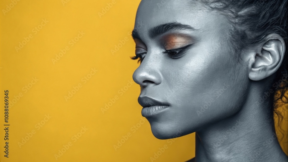 This composition shows a halfface split between a warm sunshine yellow and a cool serene slate gray. The color contrast emphasizes the subjects nuanced emotions and personality. This composition shows a halfface split between a warm sunshine yellow and a cool serene slate gray. The color contrast emphasizes the subjects nuanced emotions and personality.