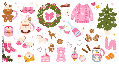 Set of cute Pink trendy elements for Christmas party.  Set of elements with gingerbread, cocoa, mugs, warm knitted sweater, fur tree, wreaths, champagne. Hand drawn style. Vector flat illustration 
