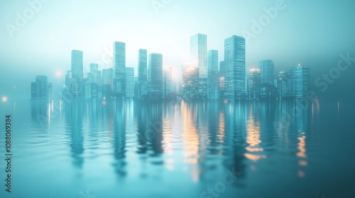 Futuristic city skyline reflected in calm, foggy water.