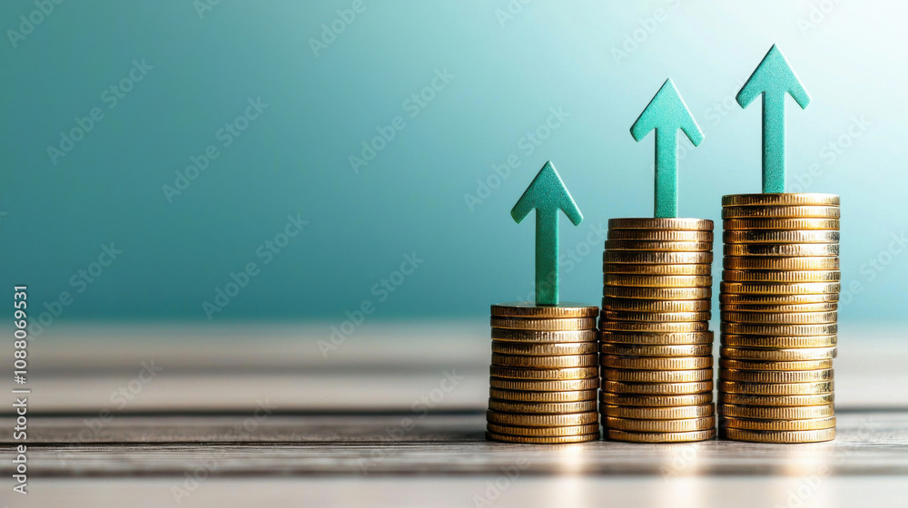 Stack of coins with upward arrows representing financial growth and investment trends. This symbolizes increasing wealth and economic progress Stack of coins with upward arrows representing financial growth and investment trends. This symbolizes increasing wealth and economic progress