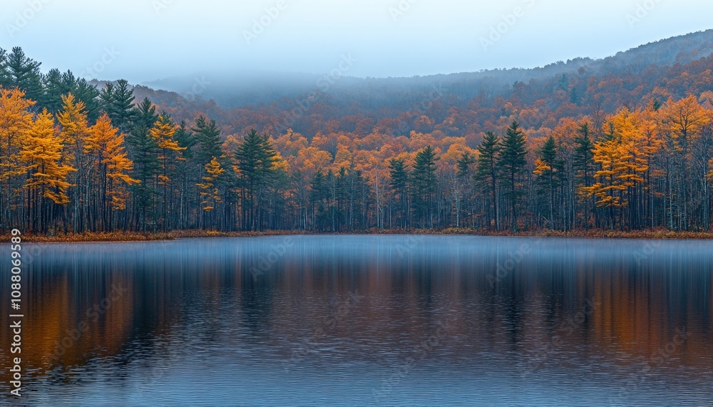 Fall foliage reflected on a still lake. This serene landscape photograph is perfect for nature, peace, and tranquility themed projects. Fall foliage reflected on a still lake. This serene landscape photograph is perfect for nature, peace, and tranquility themed projects.