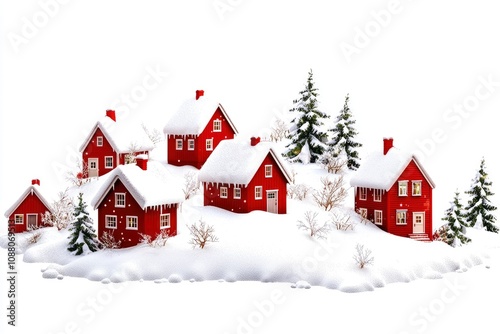 Idyllic Snow-Covered Red Houses in a Winter Wonderland