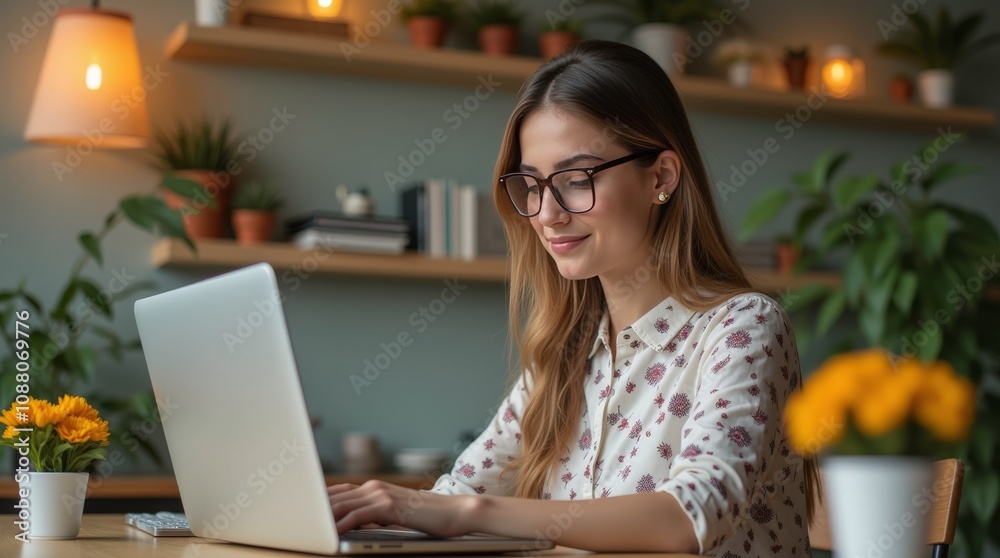 Female Entrepreneur Works on Laptop in Cozy Cafe With Flowers and Greenery. Generative AI Female Entrepreneur Works on Laptop in Cozy Cafe With Flowers and Greenery. Generative AI