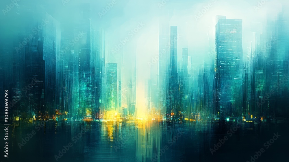 Futuristic city skyline reflected in water at dawn, hazy atmosphere. Futuristic city skyline reflected in water at dawn, hazy atmosphere.