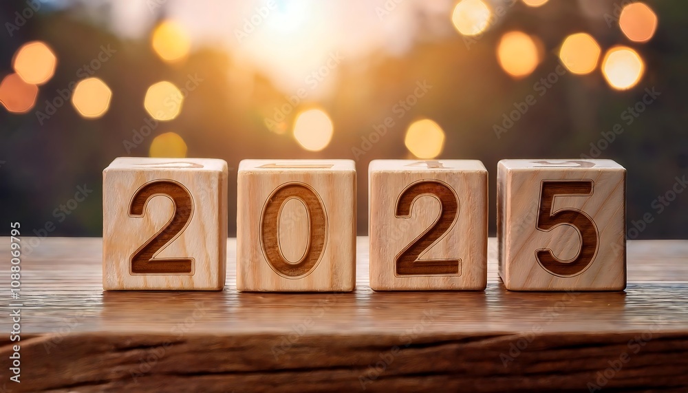 Wooden blocks display the year 2025 on a rustic table during sunset with blurred lights in the background. Generative AI Wooden blocks display the year 2025 on a rustic table during sunset with blurred lights in the background. Generative AI