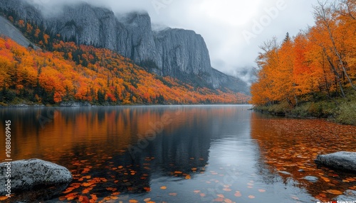 A calm lake surrounded by colorful fall foliage and a misty mountain backdrop. This image can be used for projects related to nature, tranquility, and the beauty of autumn. photo