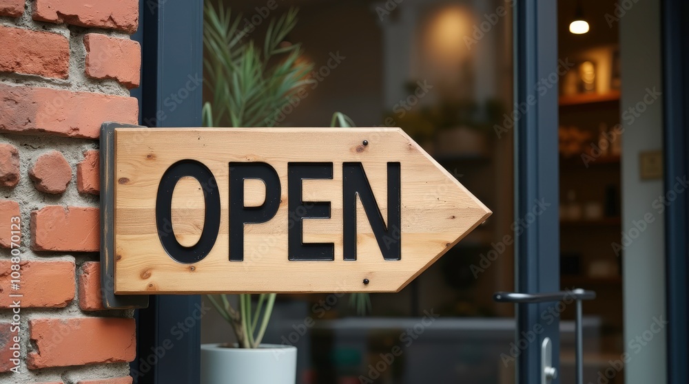 Welcoming Wooden Sign Indicating Open Status at a Brick Wall Entrance. Generative AI Welcoming Wooden Sign Indicating Open Status at a Brick Wall Entrance. Generative AI