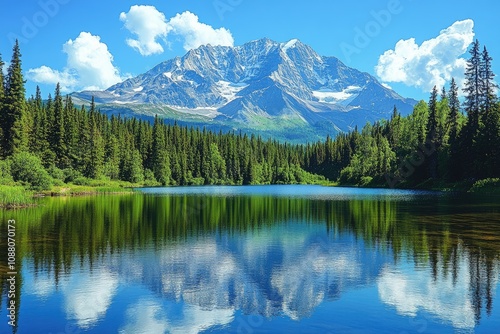 A mountain lake reflects the sky. This image is perfect for travel brochures, social media posts, or any project about nature's beauty.